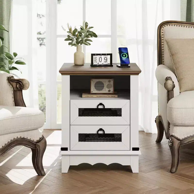 Table de chevet rustique avec station de charge, 2 tiroirs et compartiment ouvert, table d'appoint de 45,7 cm pour chambre à coucher ou salon