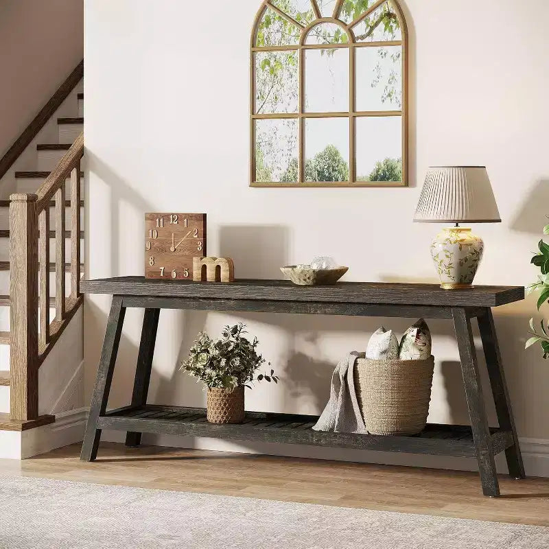 Console de 70,86 pouces pour entrée, Table d'entrée de ferme à 2 niveaux, Table de canapé étroite et longue derrière le canapé, Marron