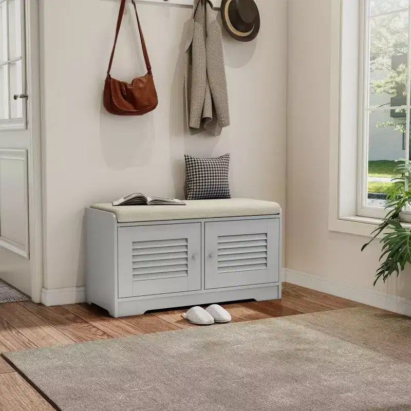 Banc de rangement pour chaussures de 73 cm avec armoire à 2 portes, banc d'entrée avec étagères réglables et coussin amovible, meuble à chaussures pour couloir (3 couleurs)
