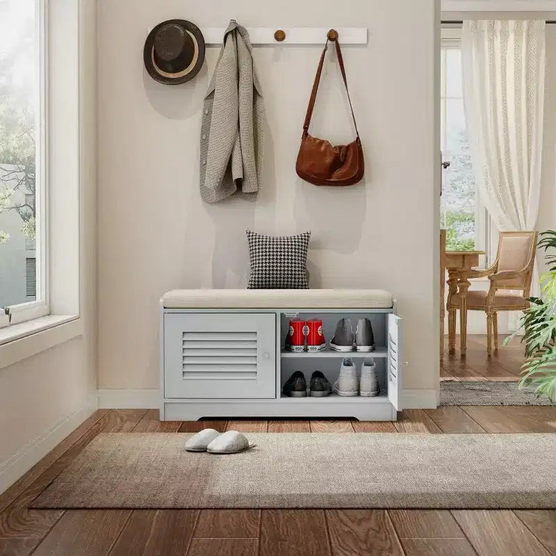 Banc de rangement pour chaussures de 73 cm avec armoire à 2 portes, banc d'entrée avec étagères réglables et coussin amovible, meuble à chaussures pour couloir (3 couleurs)