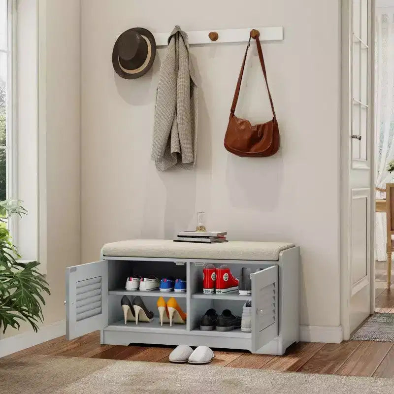 Banc de rangement pour chaussures de 73 cm avec armoire à 2 portes, banc d'entrée avec étagères réglables et coussin amovible, meuble à chaussures pour couloir (3 couleurs)