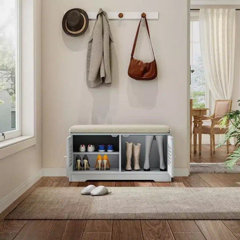 Banc de rangement pour chaussures de 73 cm avec armoire à 2 portes, banc d'entrée avec étagères réglables et coussin amovible, meuble à chaussures pour couloir (3 couleurs)