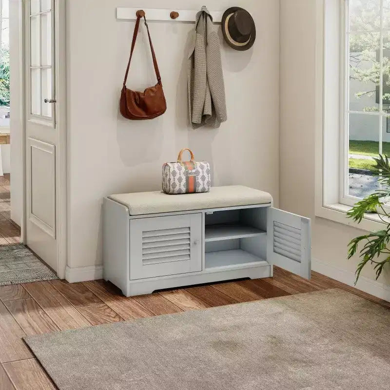 Banc de rangement pour chaussures de 73 cm avec armoire à 2 portes, banc d'entrée avec étagères réglables et coussin amovible, meuble à chaussures pour couloir (3 couleurs)