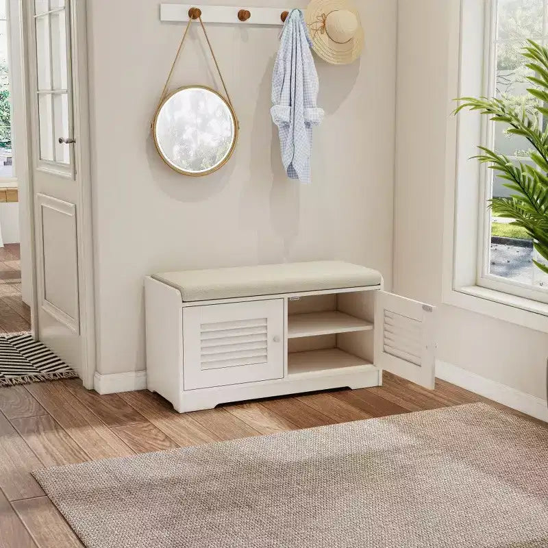 Banc de rangement pour chaussures de 73 cm avec armoire à 2 portes, banc d'entrée avec étagères réglables et coussin amovible, meuble à chaussures pour couloir (3 couleurs)
