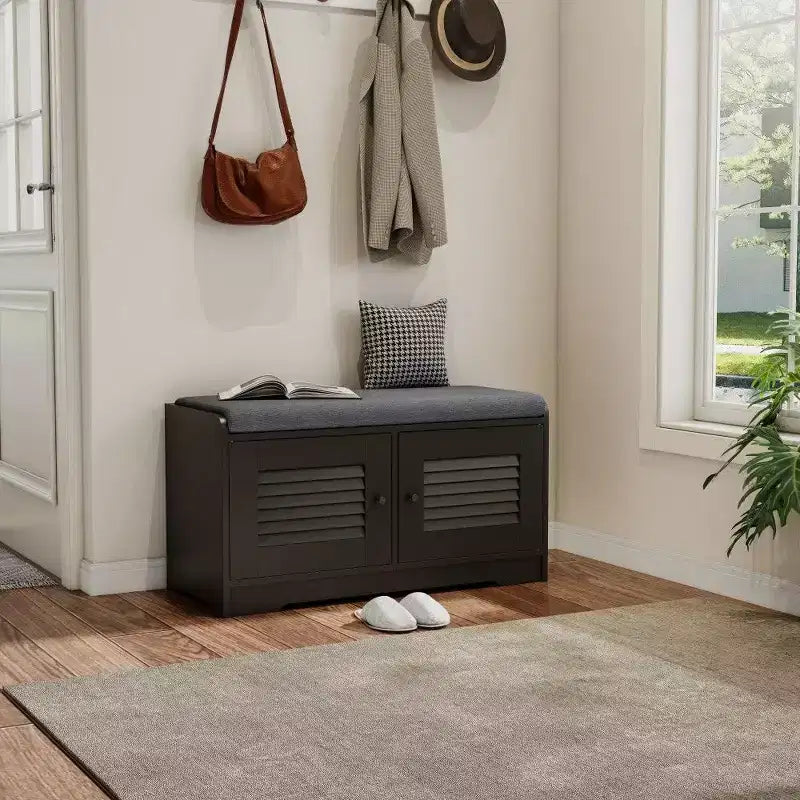 Banc de rangement pour chaussures de 73 cm avec armoire à 2 portes, banc d'entrée avec étagères réglables et coussin amovible, meuble à chaussures pour couloir (3 couleurs)
