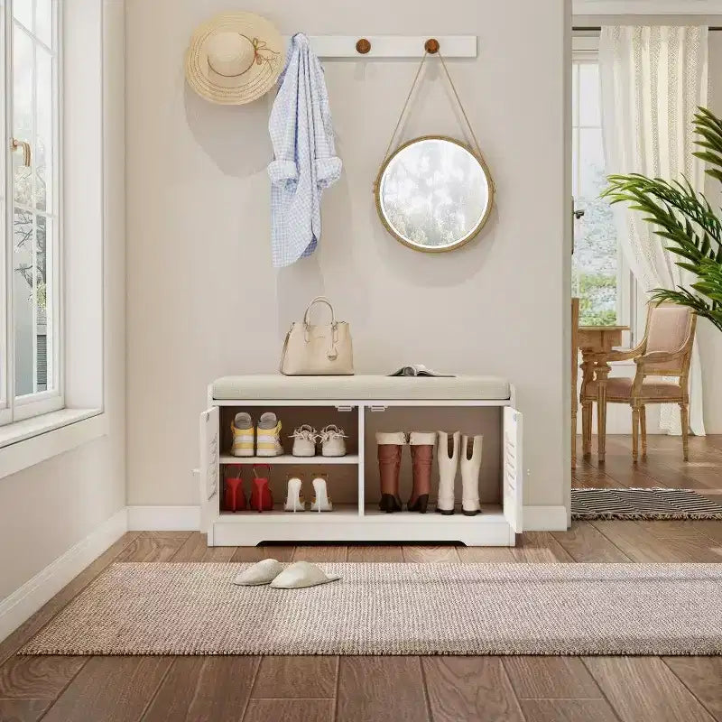 Banc de rangement pour chaussures de 73 cm avec armoire à 2 portes, banc d'entrée avec étagères réglables et coussin amovible, meuble à chaussures pour couloir (3 couleurs)