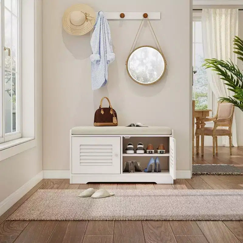 Banc de rangement pour chaussures de 73 cm avec armoire à 2 portes, banc d'entrée avec étagères réglables et coussin amovible, meuble à chaussures pour couloir (3 couleurs)