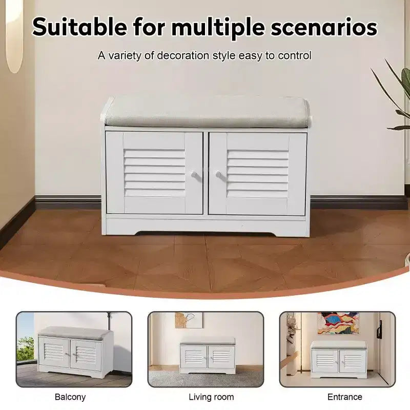 Banc de rangement pour chaussures de 73 cm avec armoire à 2 portes, banc d'entrée avec étagères réglables et coussin amovible, meuble à chaussures pour couloir (3 couleurs)