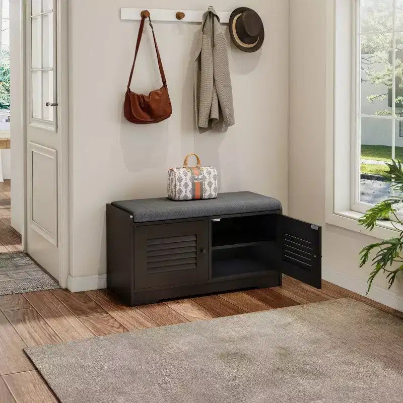 Banc de rangement pour chaussures de 73 cm avec armoire à 2 portes, banc d'entrée avec étagères réglables et coussin amovible, meuble à chaussures pour couloir (3 couleurs)