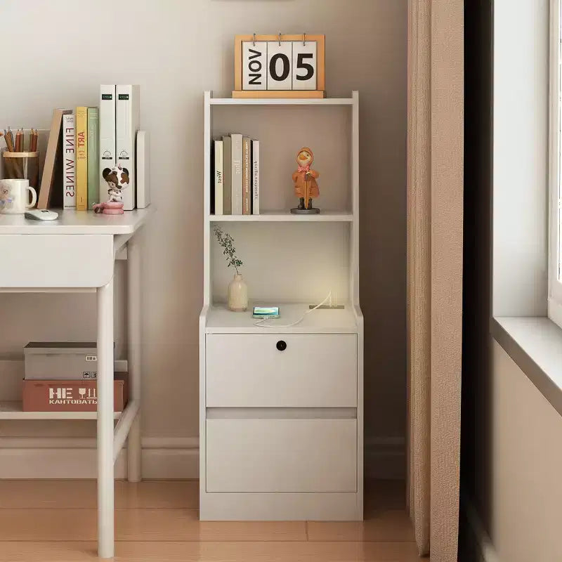 JVNOXK 15-inch Smart Nightstand with Charging Station, Voice-Activated Night Light, Built-in Bookshelf, Storage Compartment, White