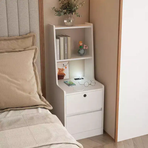 Table de chevet intelligente de 15 pouces avec station de recharge, veilleuse à commande vocale, étagère intégrée, compartiment de rangement, blanche