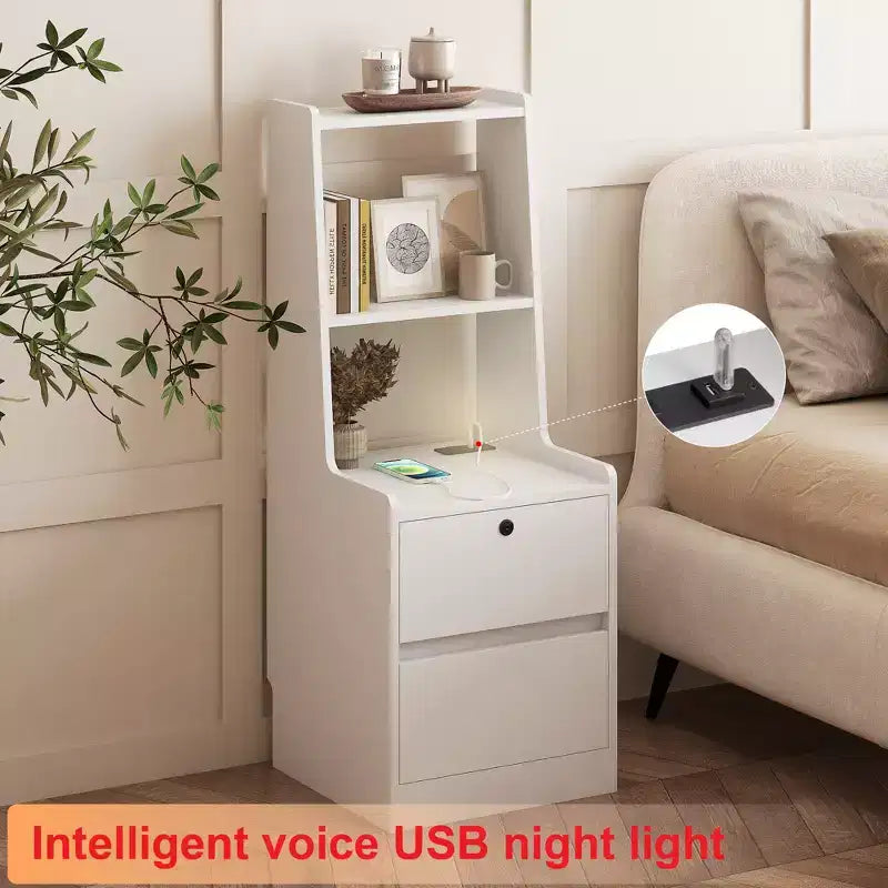 Table de chevet intelligente de 15 pouces avec station de recharge, veilleuse à commande vocale, étagère intégrée, compartiment de rangement, blanche