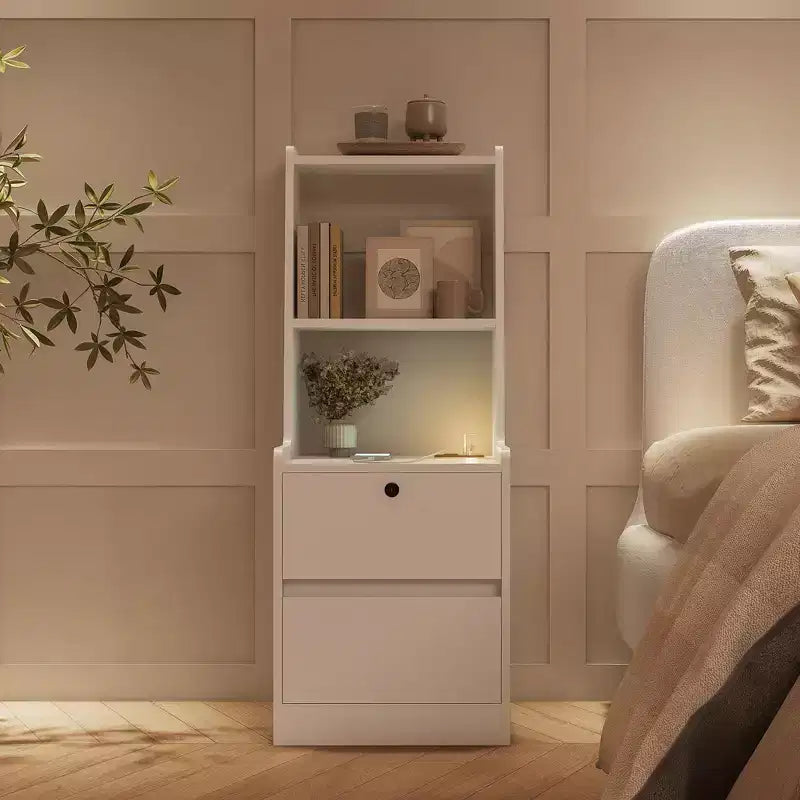 Table de chevet intelligente de 15 pouces avec station de recharge, veilleuse à commande vocale, étagère intégrée, compartiment de rangement, blanche