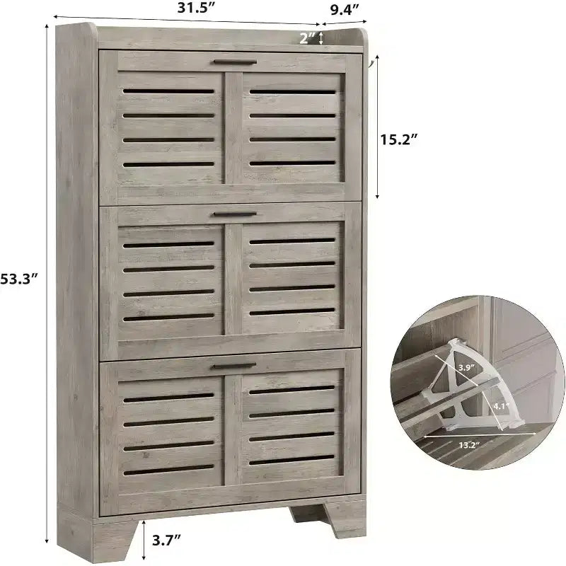 Meuble à chaussures pour entrée, Meuble de rangement fin pour chaussures avec 3 tiroirs basculants, Meuble de rangement à chaussures étroit et dissimulé, autoportant avec crochets