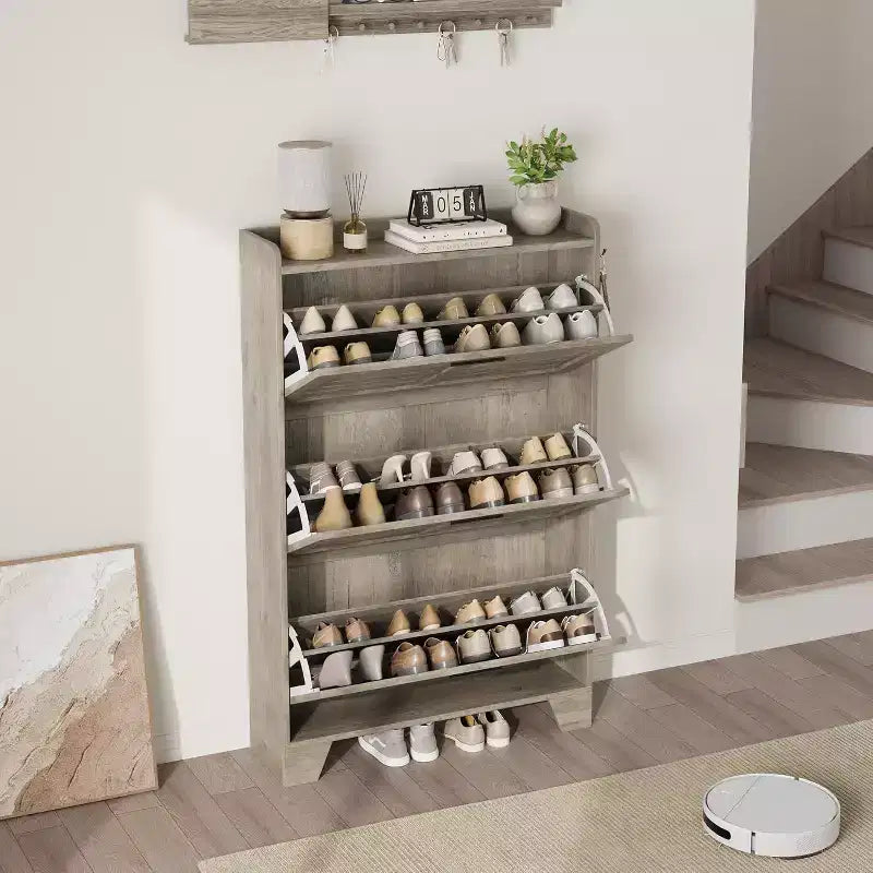 Meuble à chaussures pour entrée, Meuble de rangement fin pour chaussures avec 3 tiroirs basculants, Meuble de rangement à chaussures étroit et dissimulé, autoportant avec crochets