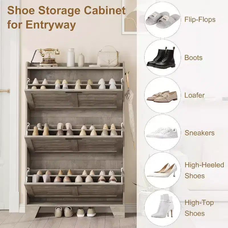 Meuble à chaussures pour entrée, Meuble de rangement fin pour chaussures avec 3 tiroirs basculants, Meuble de rangement à chaussures étroit et dissimulé, autoportant avec crochets