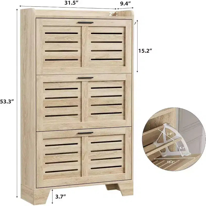 Meuble à chaussures pour entrée, Meuble de rangement fin pour chaussures avec 3 tiroirs basculants, Meuble de rangement à chaussures étroit et dissimulé, autoportant avec crochets