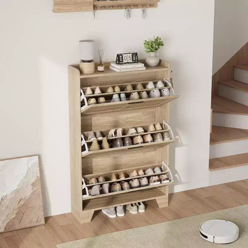 Meuble à chaussures pour entrée, Meuble de rangement fin pour chaussures avec 3 tiroirs basculants, Meuble de rangement à chaussures étroit et dissimulé, autoportant avec crochets
