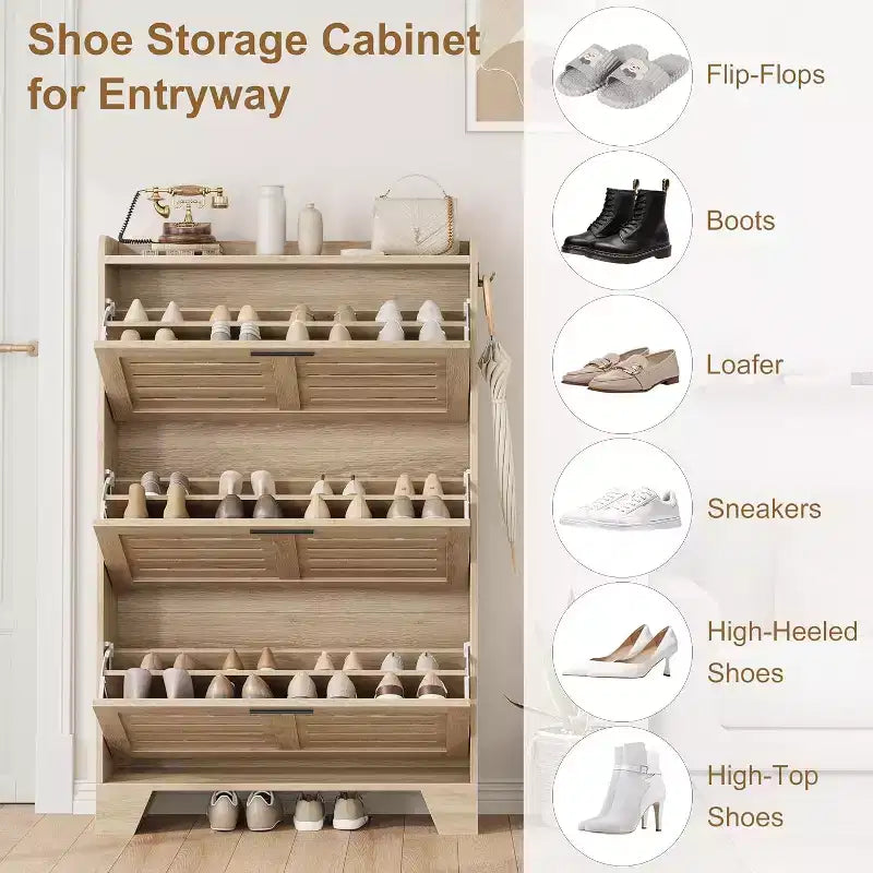 Meuble à chaussures pour entrée, Meuble de rangement fin pour chaussures avec 3 tiroirs basculants, Meuble de rangement à chaussures étroit et dissimulé, autoportant avec crochets