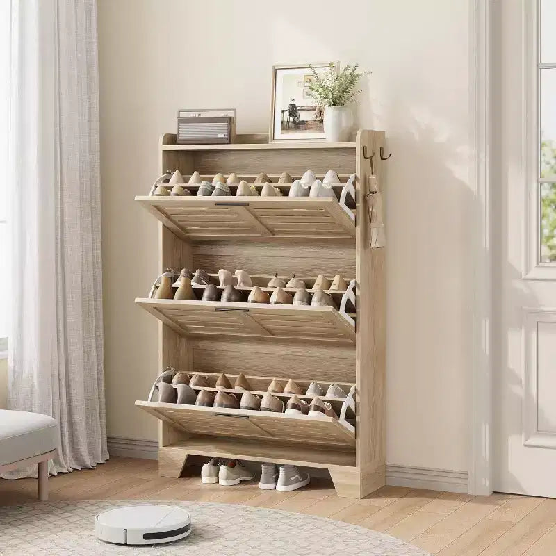Meuble à chaussures pour entrée, Meuble de rangement fin pour chaussures avec 3 tiroirs basculants, Meuble de rangement à chaussures étroit et dissimulé, autoportant avec crochets