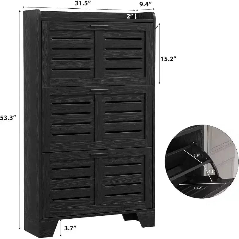 Meuble à chaussures pour entrée, Meuble de rangement fin pour chaussures avec 3 tiroirs basculants, Meuble de rangement à chaussures étroit et dissimulé, autoportant avec crochets