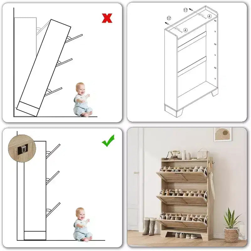 Meuble à chaussures pour entrée, Meuble de rangement fin pour chaussures avec 3 tiroirs basculants, Meuble de rangement à chaussures étroit et dissimulé, autoportant avec crochets