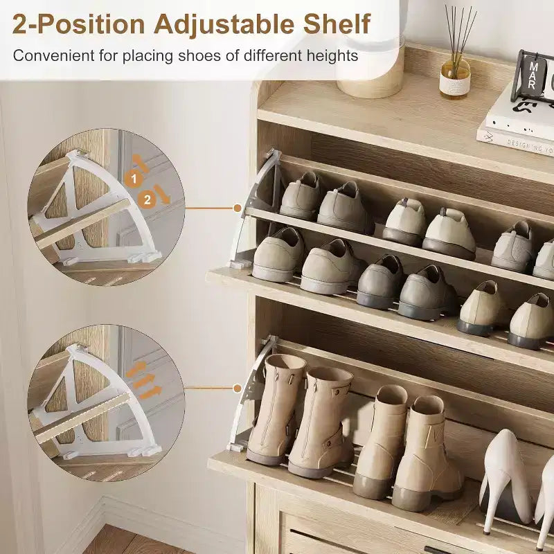 Meuble à chaussures pour entrée, Meuble de rangement fin pour chaussures avec 3 tiroirs basculants, Meuble de rangement à chaussures étroit et dissimulé, autoportant avec crochets