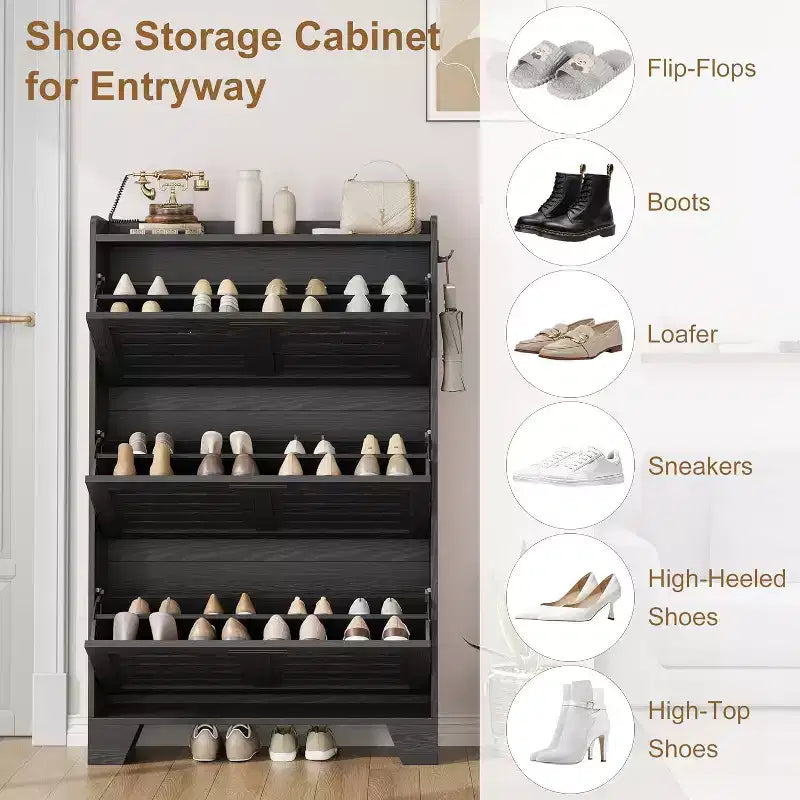 Meuble à chaussures pour entrée, Meuble de rangement fin pour chaussures avec 3 tiroirs basculants, Meuble de rangement à chaussures étroit et dissimulé, autoportant avec crochets