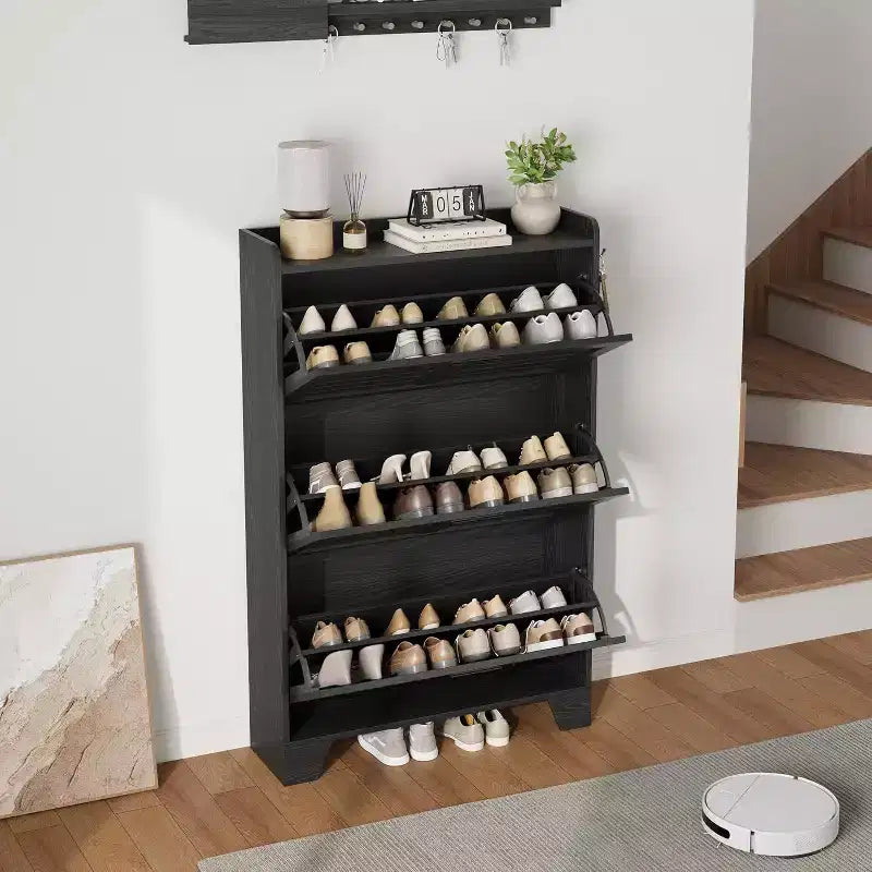 Meuble à chaussures pour entrée, Meuble de rangement fin pour chaussures avec 3 tiroirs basculants, Meuble de rangement à chaussures étroit et dissimulé, autoportant avec crochets