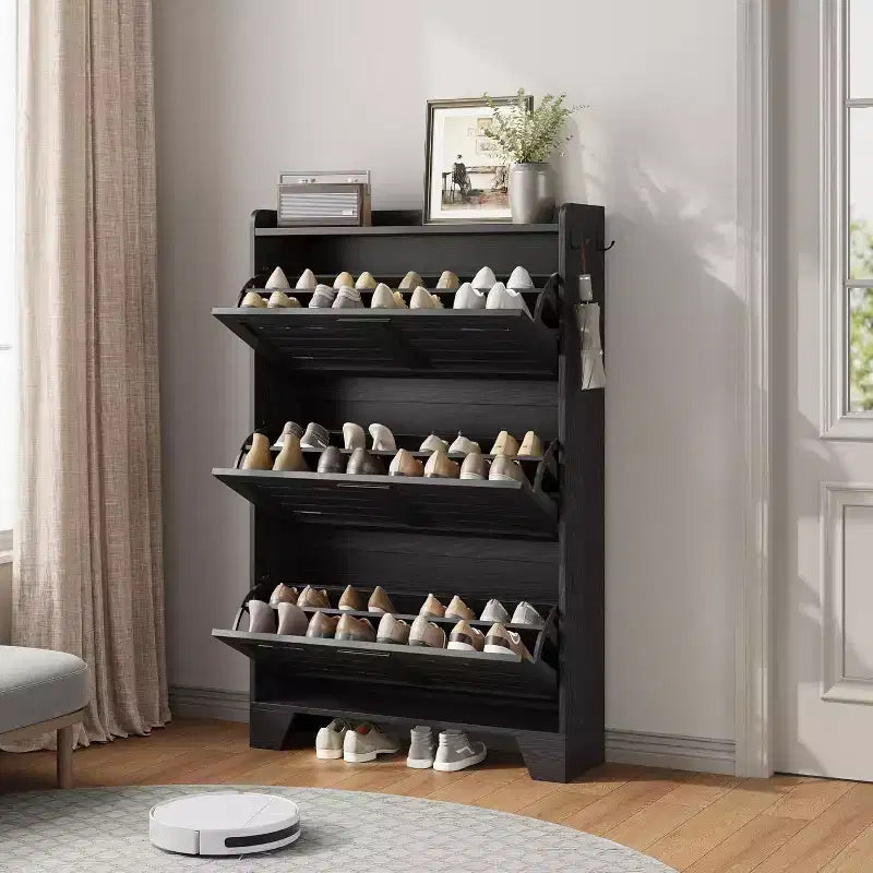 Meuble à chaussures pour entrée, Meuble de rangement fin pour chaussures avec 3 tiroirs basculants, Meuble de rangement à chaussures étroit et dissimulé, autoportant avec crochets