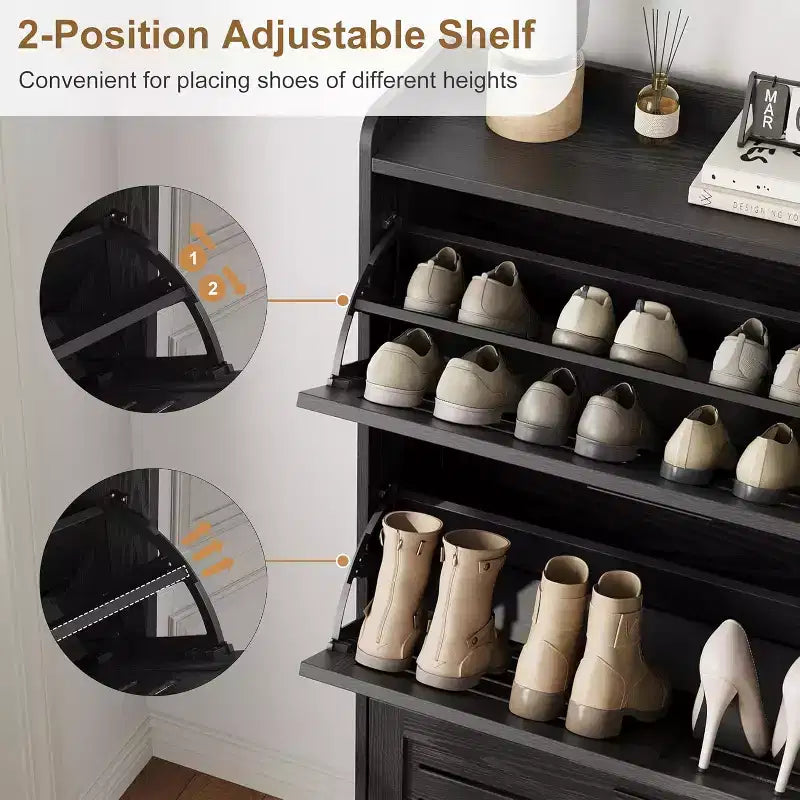 Meuble à chaussures pour entrée, Meuble de rangement fin pour chaussures avec 3 tiroirs basculants, Meuble de rangement à chaussures étroit et dissimulé, autoportant avec crochets