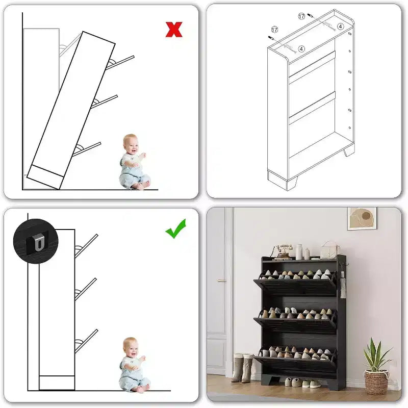 Meuble à chaussures pour entrée, Meuble de rangement fin pour chaussures avec 3 tiroirs basculants, Meuble de rangement à chaussures étroit et dissimulé, autoportant avec crochets