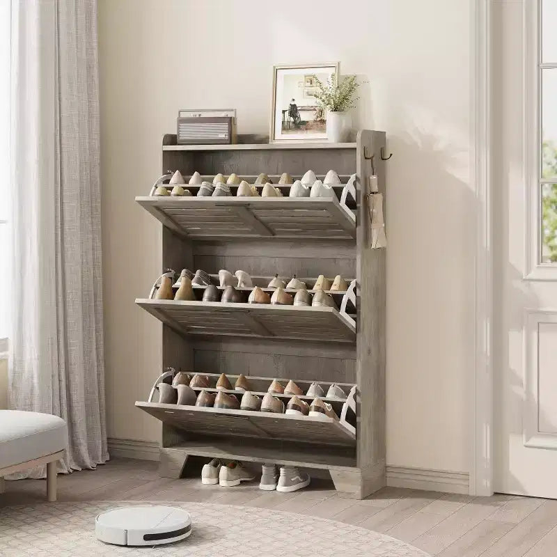 Meuble à chaussures pour entrée, Meuble de rangement fin pour chaussures avec 3 tiroirs basculants, Meuble de rangement à chaussures étroit et dissimulé, autoportant avec crochets
