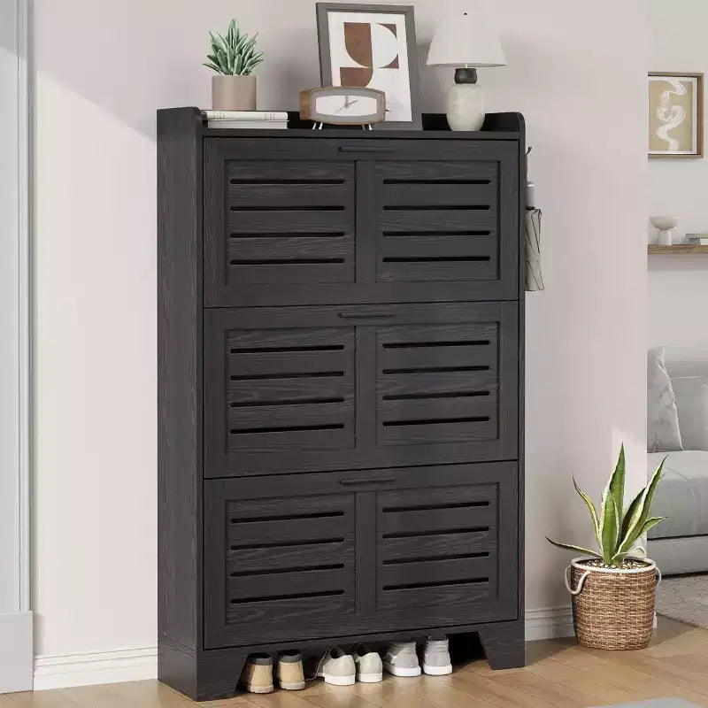 Shoe Cabinet Storage for Entryway, Slim Shoe Storage Cabinet with 3 Flip Drawers, Freestanding Hidden Narrow Shoe Organizer Cabinet with Hooks