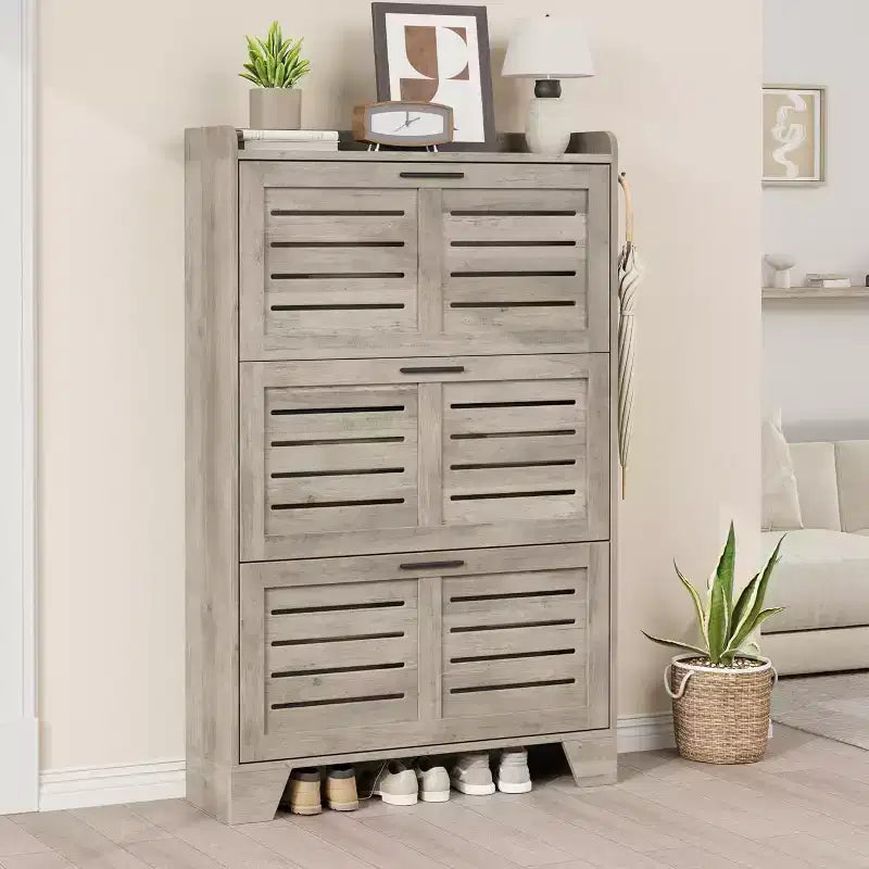 Meuble à chaussures pour entrée, Meuble de rangement fin pour chaussures avec 3 tiroirs basculants, Meuble de rangement à chaussures étroit et dissimulé, autoportant avec crochets