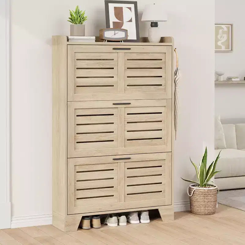 Meuble à chaussures pour entrée, Meuble de rangement fin pour chaussures avec 3 tiroirs basculants, Meuble de rangement à chaussures étroit et dissimulé, autoportant avec crochets