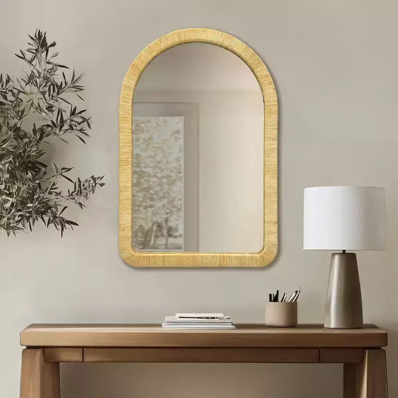 Okak Natural Rattan Design Decor Wall Mirror for Bedroom,Coffee Shop,Indoor Large Round/Arched Vanity Mirror