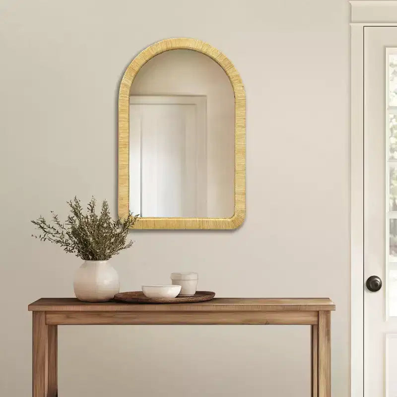 Miroir mural décoratif en rotin naturel pour chambre à coucher, café, grand miroir de courtoisie rond/arqué pour l'intérieur