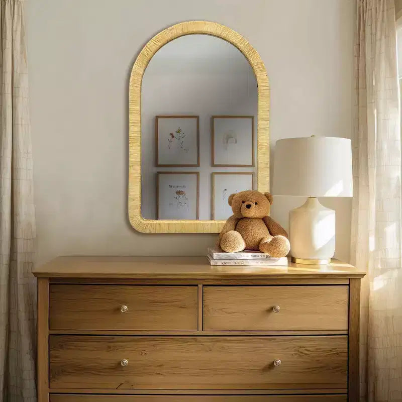 Miroir mural décoratif en rotin naturel pour chambre à coucher, café, grand miroir de courtoisie rond/arqué pour l'intérieur