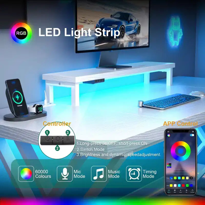 Bureau de Gamer ,Bureau Informatique avec Support Moniteur,Structure en X,Station de Recharge USB,Bande Lumineuse LED,Plateau Épais,Bureau d'Écriture pour le Bureau