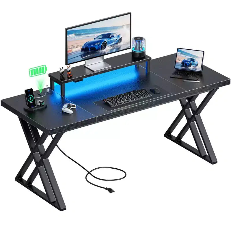 Bureau de Gamer ,Bureau Informatique avec Support Moniteur,Structure en X,Station de Recharge USB,Bande Lumineuse LED,Plateau Épais,Bureau d'Écriture pour le Bureau