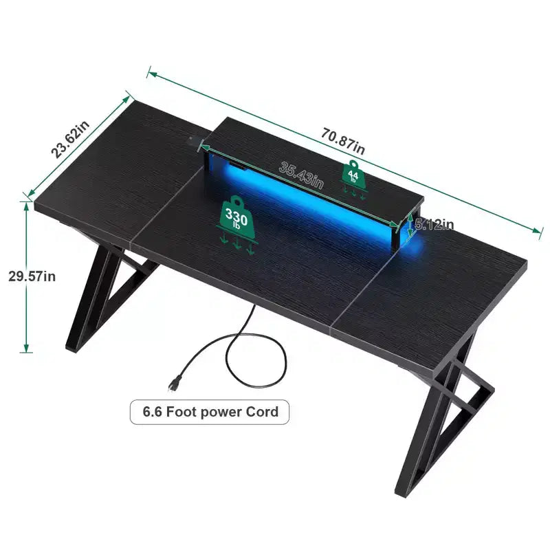 Bureau de Gamer ,Bureau Informatique avec Support Moniteur,Structure en X,Station de Recharge USB,Bande Lumineuse LED,Plateau Épais,Bureau d'Écriture pour le Bureau