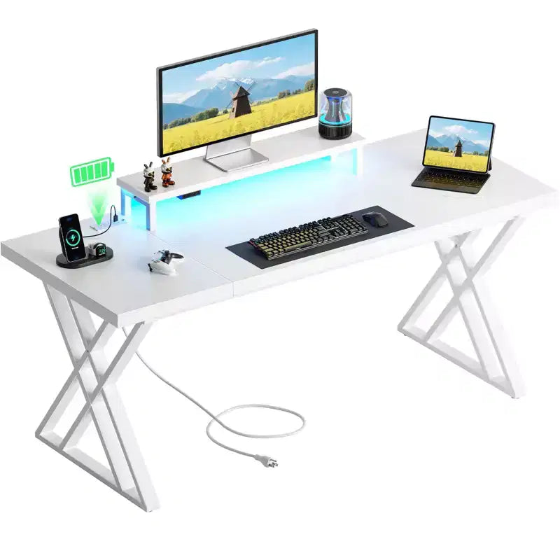 Bureau de Gamer ,Bureau Informatique avec Support Moniteur,Structure en X,Station de Recharge USB,Bande Lumineuse LED,Plateau Épais,Bureau d'Écriture pour le Bureau