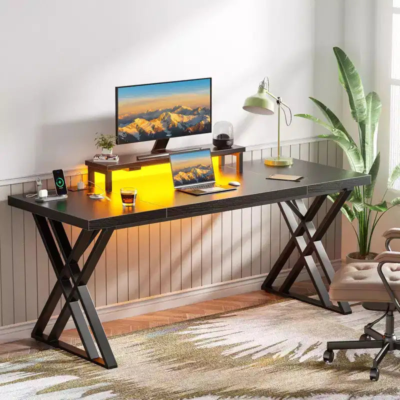 TUYOHW Gaming Desk,Computer Desk with Monitor Riser,X-Frame,USB Charging Station,LED Light Strip,Thick Desktop Board,Writing Desk for Office