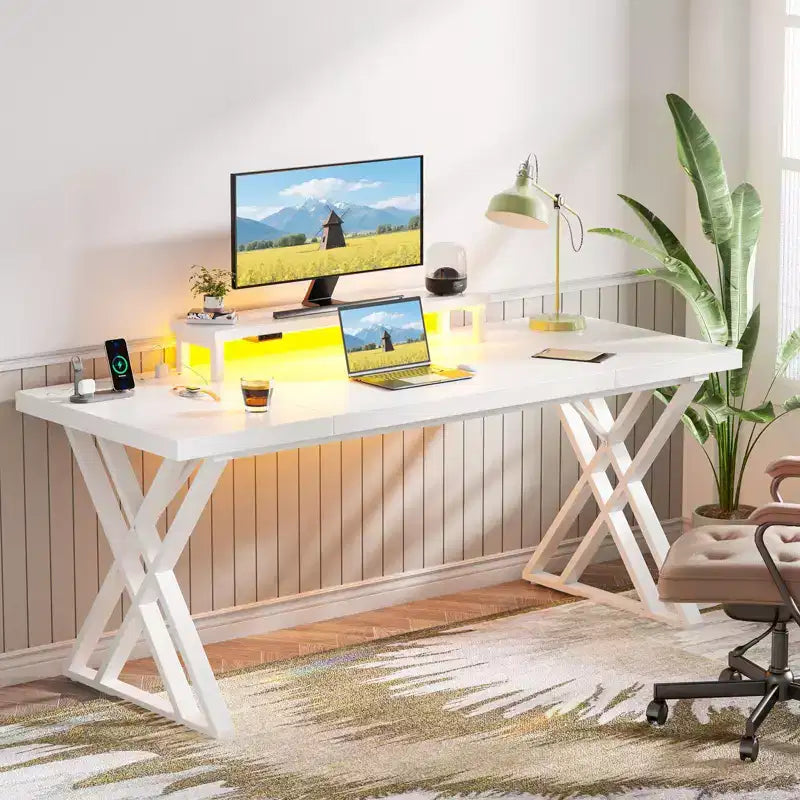Bureau de Gamer ,Bureau Informatique avec Support Moniteur,Structure en X,Station de Recharge USB,Bande Lumineuse LED,Plateau Épais,Bureau d'Écriture pour le Bureau