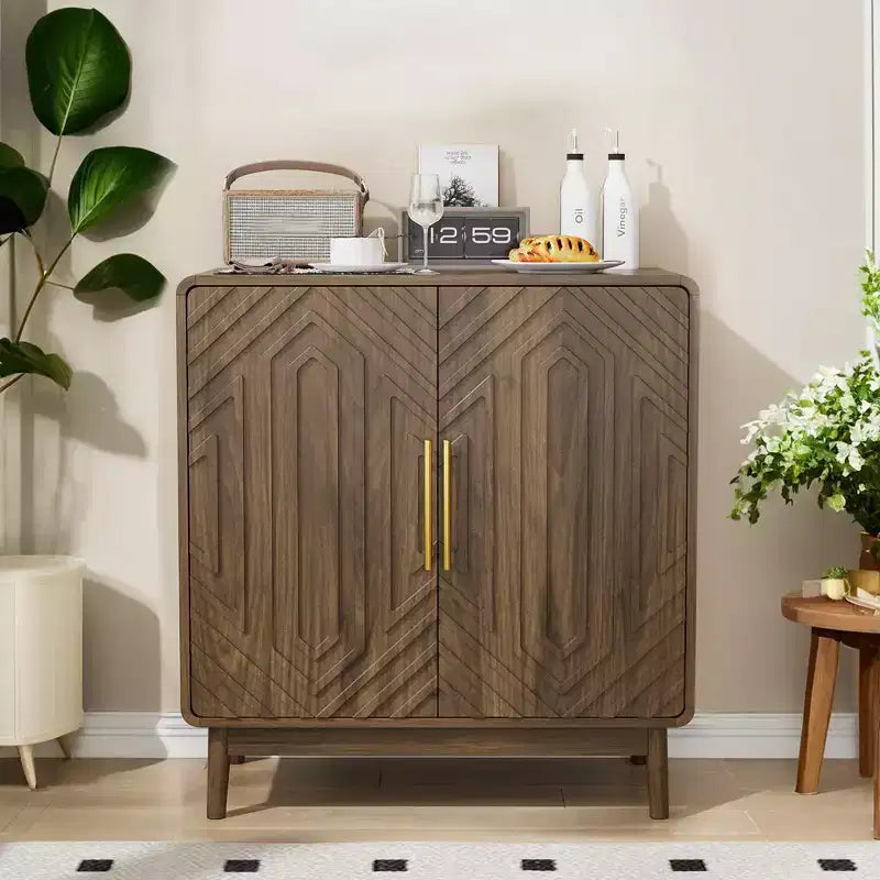 JVNOXK Carved Double-Door Adjustable Shelf Storage Sideboard with Decorative Cabinet Suitable for Living Rooms and Entryways Walnut Finish