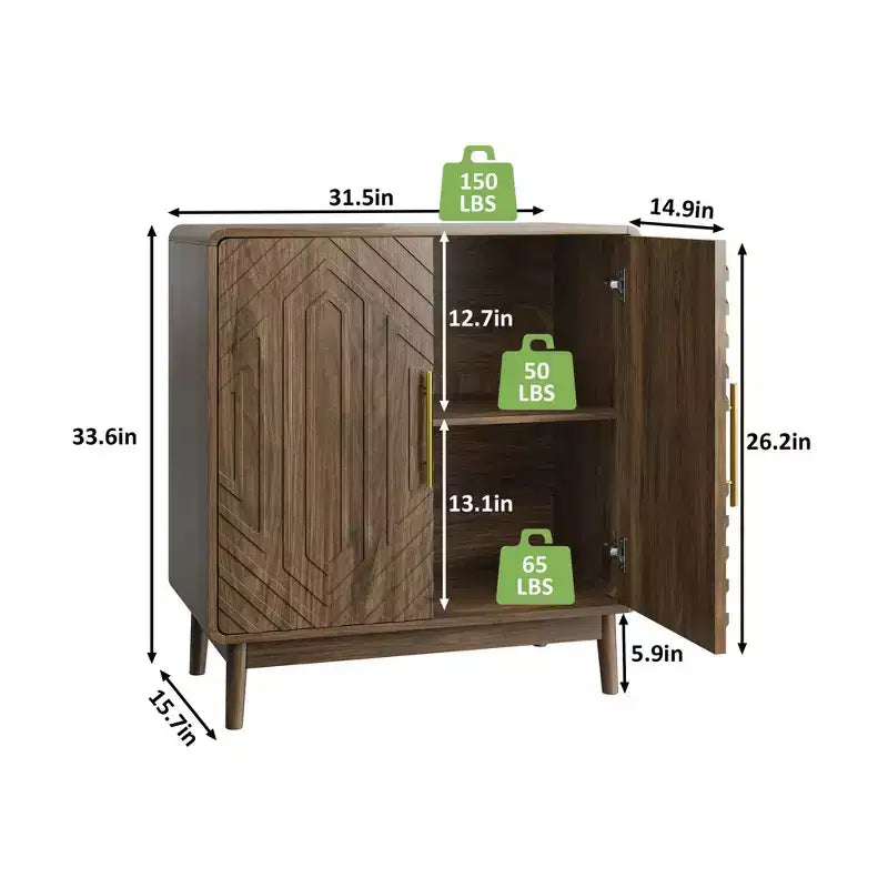 Bahut de rangement sculpté à double porte avec étagères réglables, meuble décoratif adapté aux salons et entrées, finition noyer.