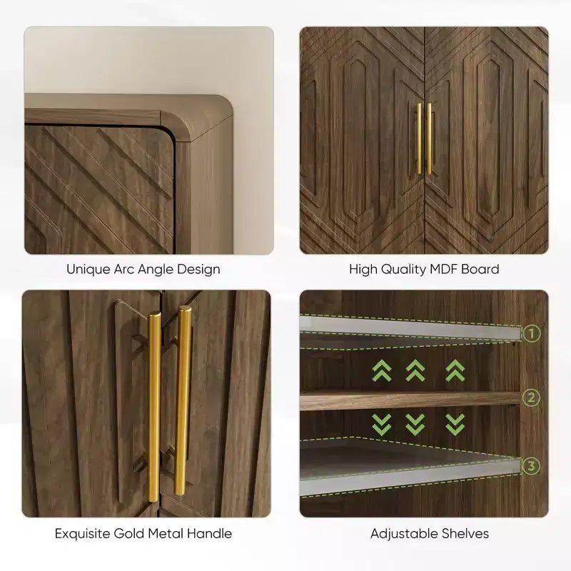 Bahut de rangement sculpté à double porte avec étagères réglables, meuble décoratif adapté aux salons et entrées, finition noyer.
