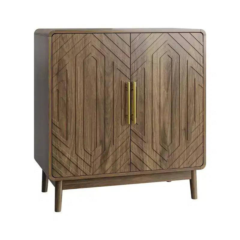 Bahut de rangement sculpté à double porte avec étagères réglables, meuble décoratif adapté aux salons et entrées, finition noyer.
