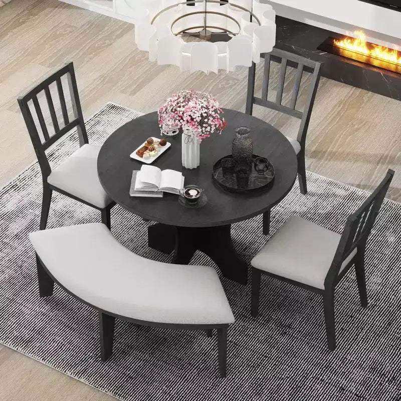 GDFStudio Agnes 5 Piece Rustic Round Dining Set with Upholstered Chairs and Curved Bench